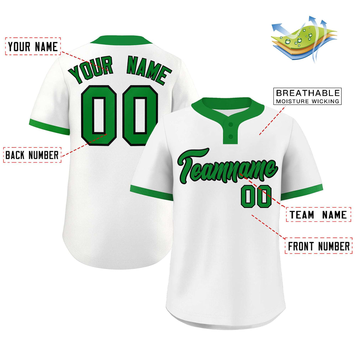 Custom White Kelly Green-Black Classic Style Authentic Two-Button Softball Jersey