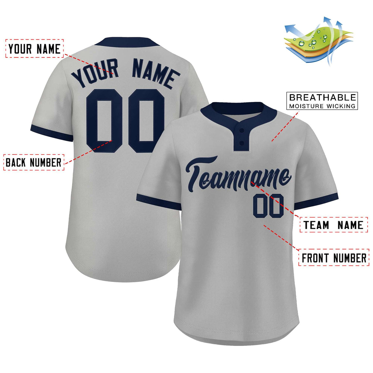 Custom Gray Navy Classic Style Authentic Two-Button Softball Jersey