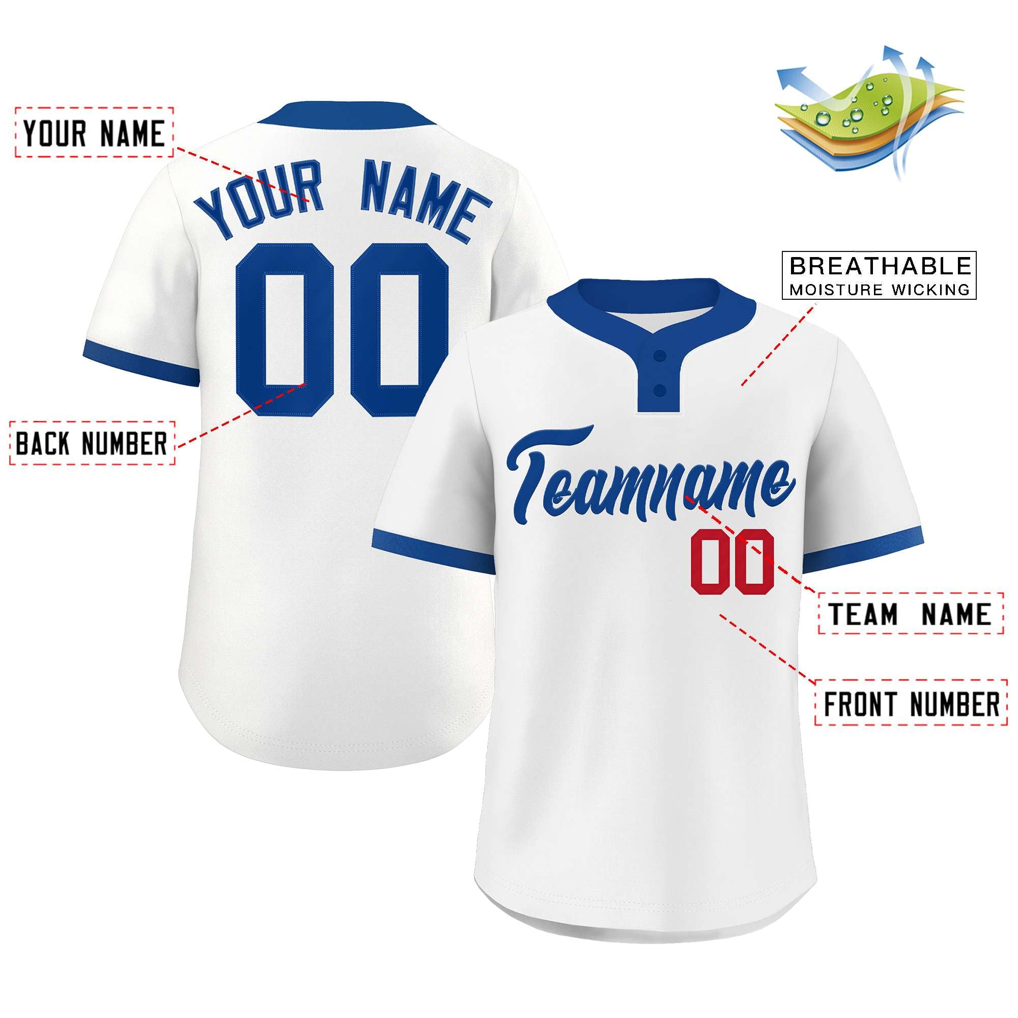 Maillot de baseball authentique à deux boutons, style classique, blanc, royal et rouge, personnalisé