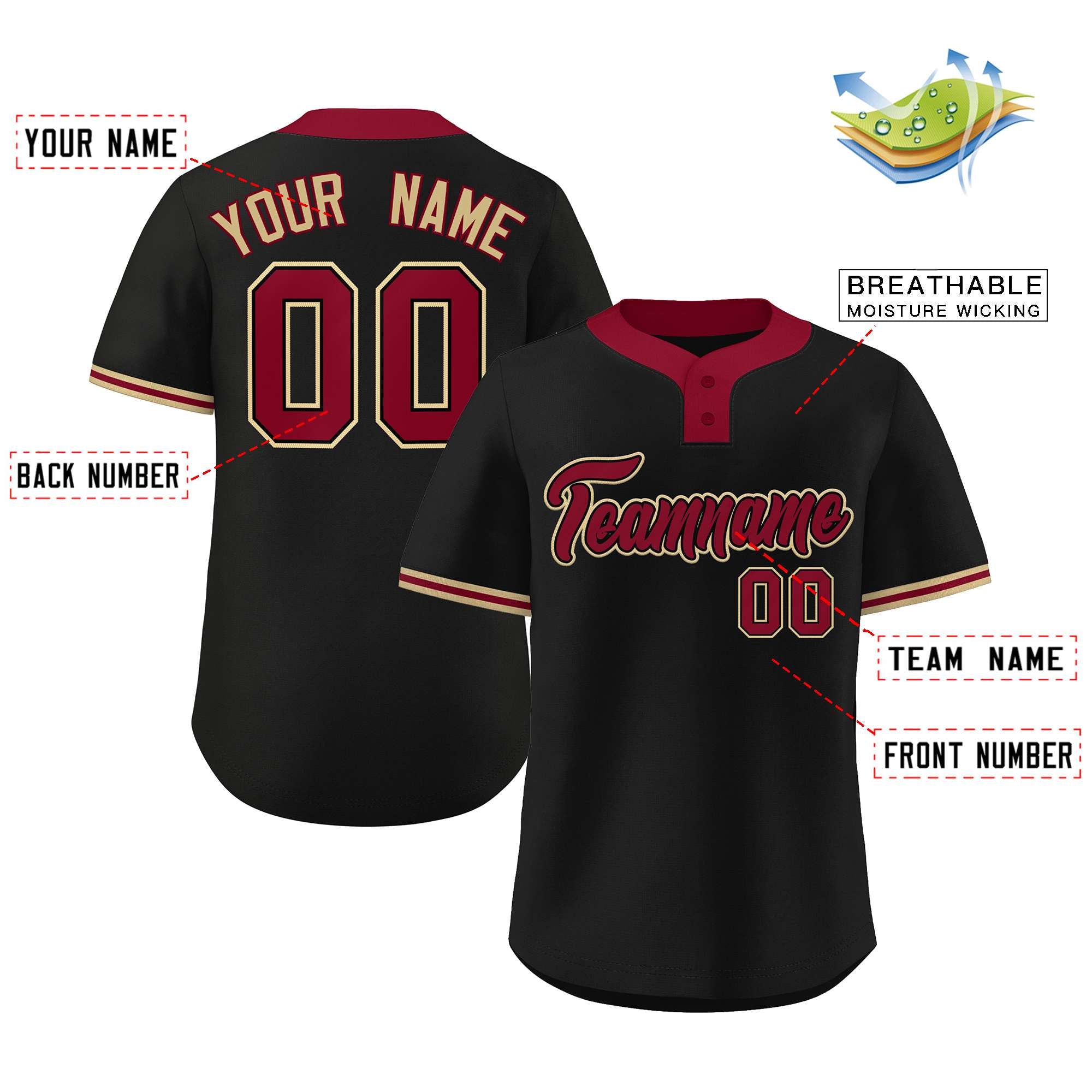 Maillot de baseball authentique à deux boutons, style classique, noir cramoisi et vieil or