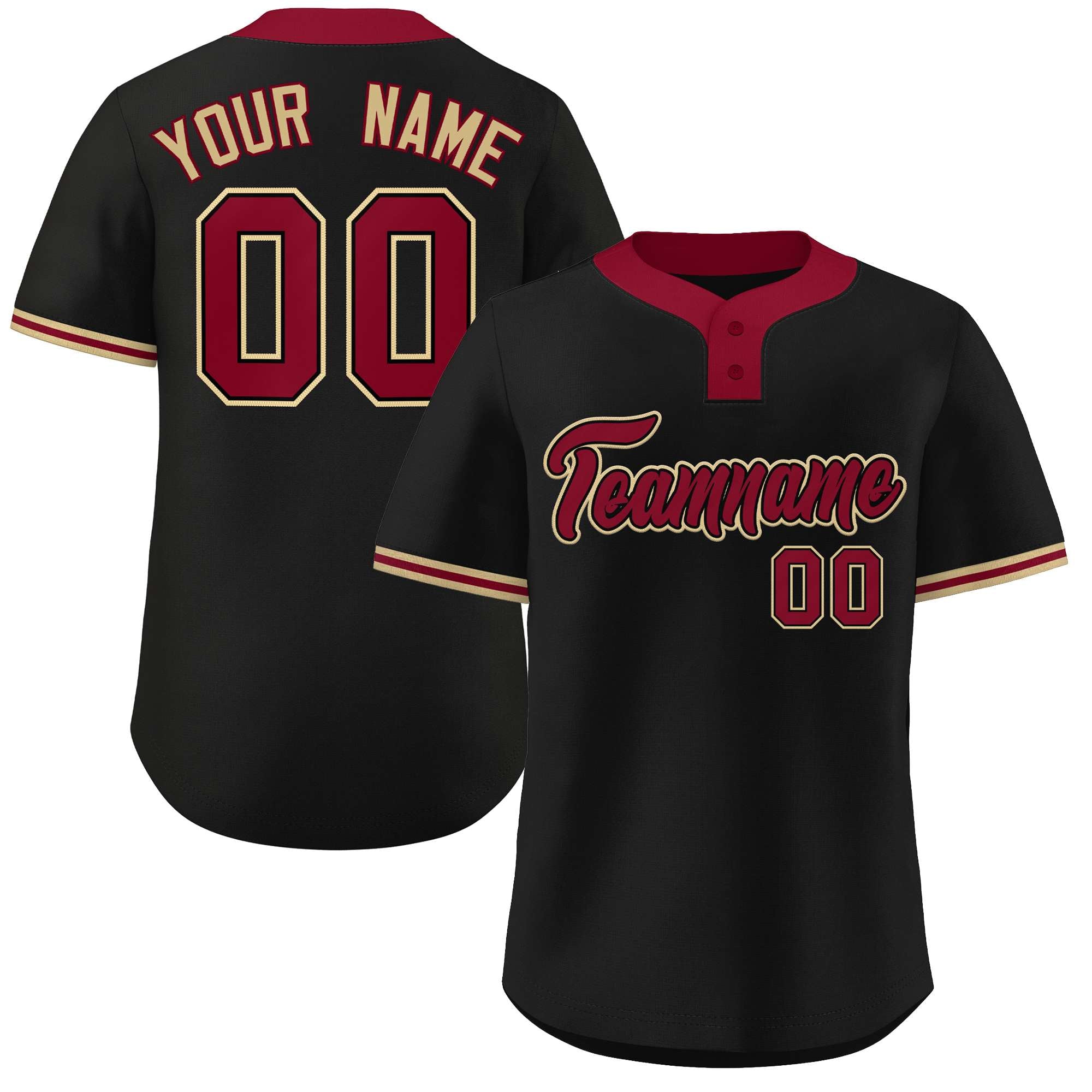 Maillot de baseball authentique à deux boutons, style classique, noir cramoisi et vieil or
