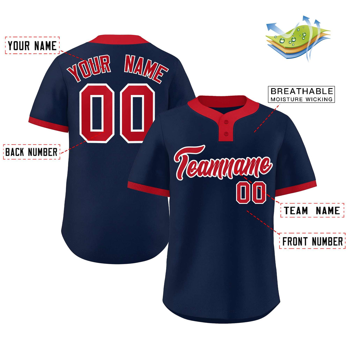Custom Navy Red Classic Style Authentic Two-Button Softball Jersey