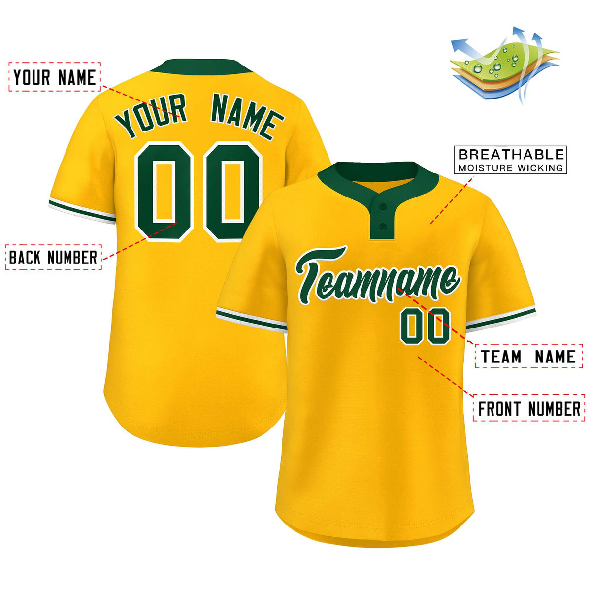 Custom Gold Kelly Green-White Classic Style Authentic Two-Button Softball Jersey