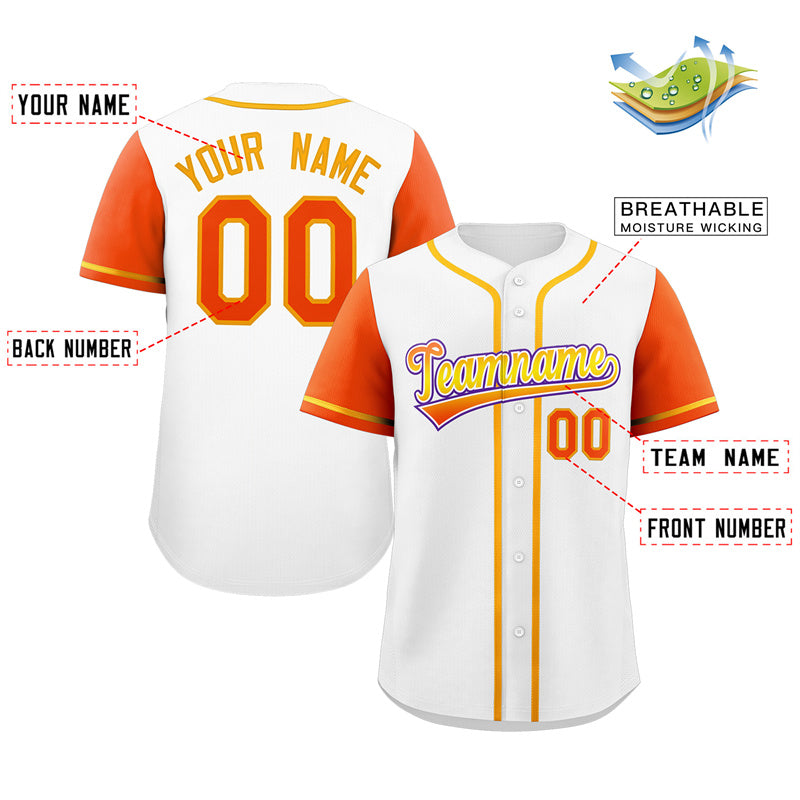 Custom White Orange-Purple Raglan Sleeves Authentic Baseball Jersey