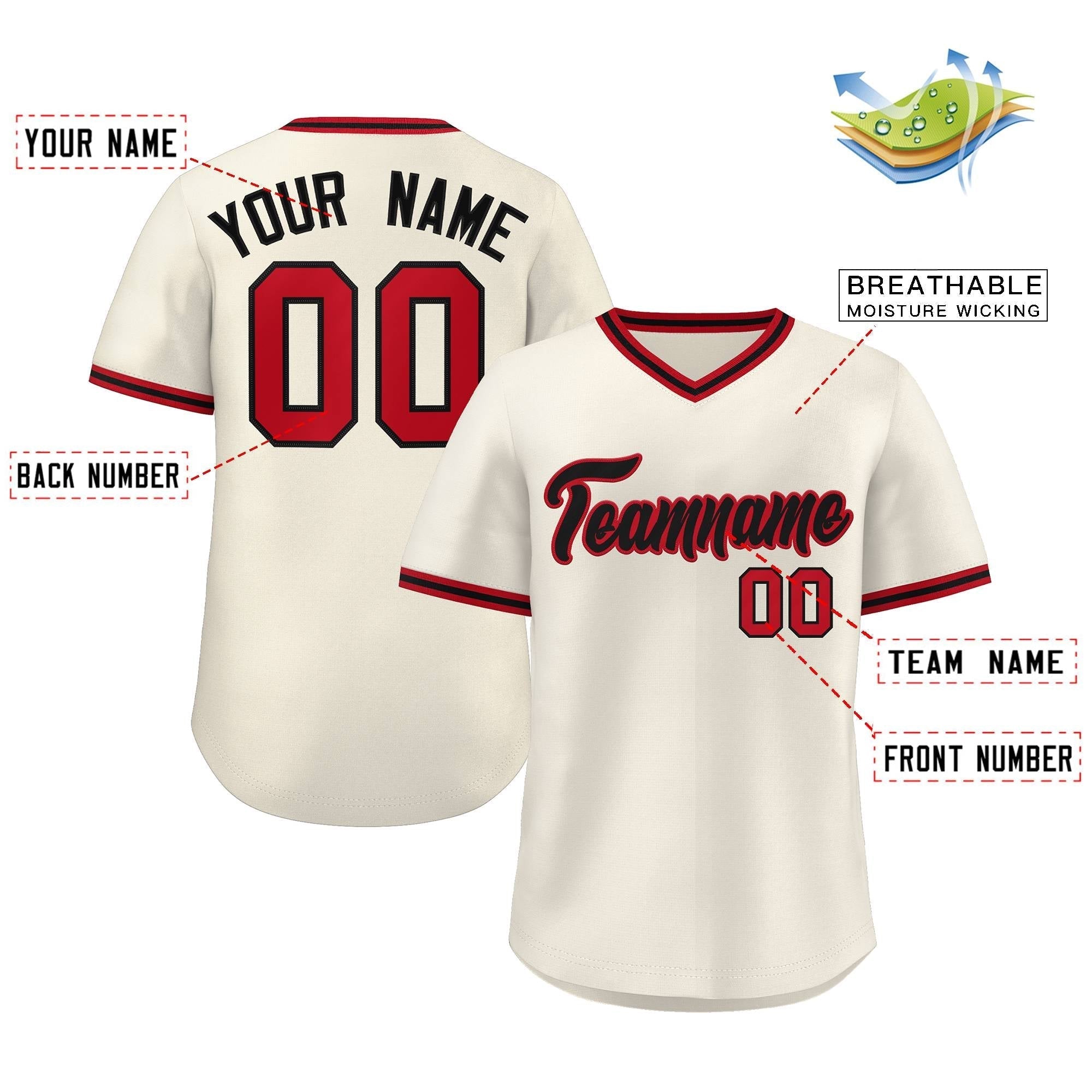 Maillot de baseball d'extérieur authentique, style classique, rouge et noir, crème personnalisé
