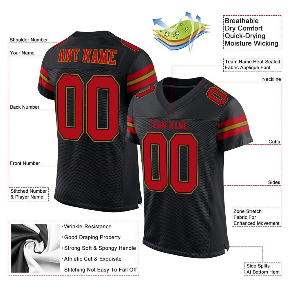 Custom Black Red-Old Gold Classic Style Mesh Authentic American Football Jersey| KXKSHOP