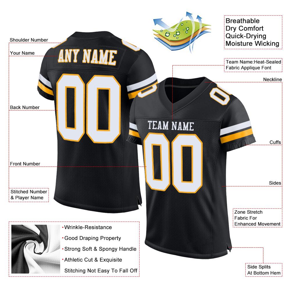 Custom Black White-Gold Classic Style Mesh Authentic American Football Jersey| KXKSHOP