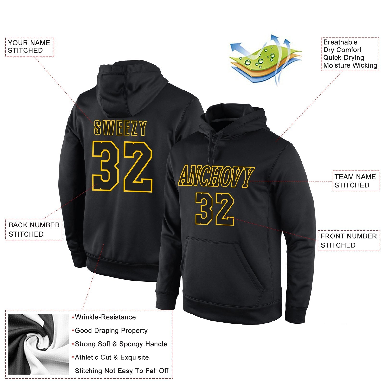 Custom Black Yellow Classic Style Pullover Sport Fashion Hoodie Uniform| KXKSHOP