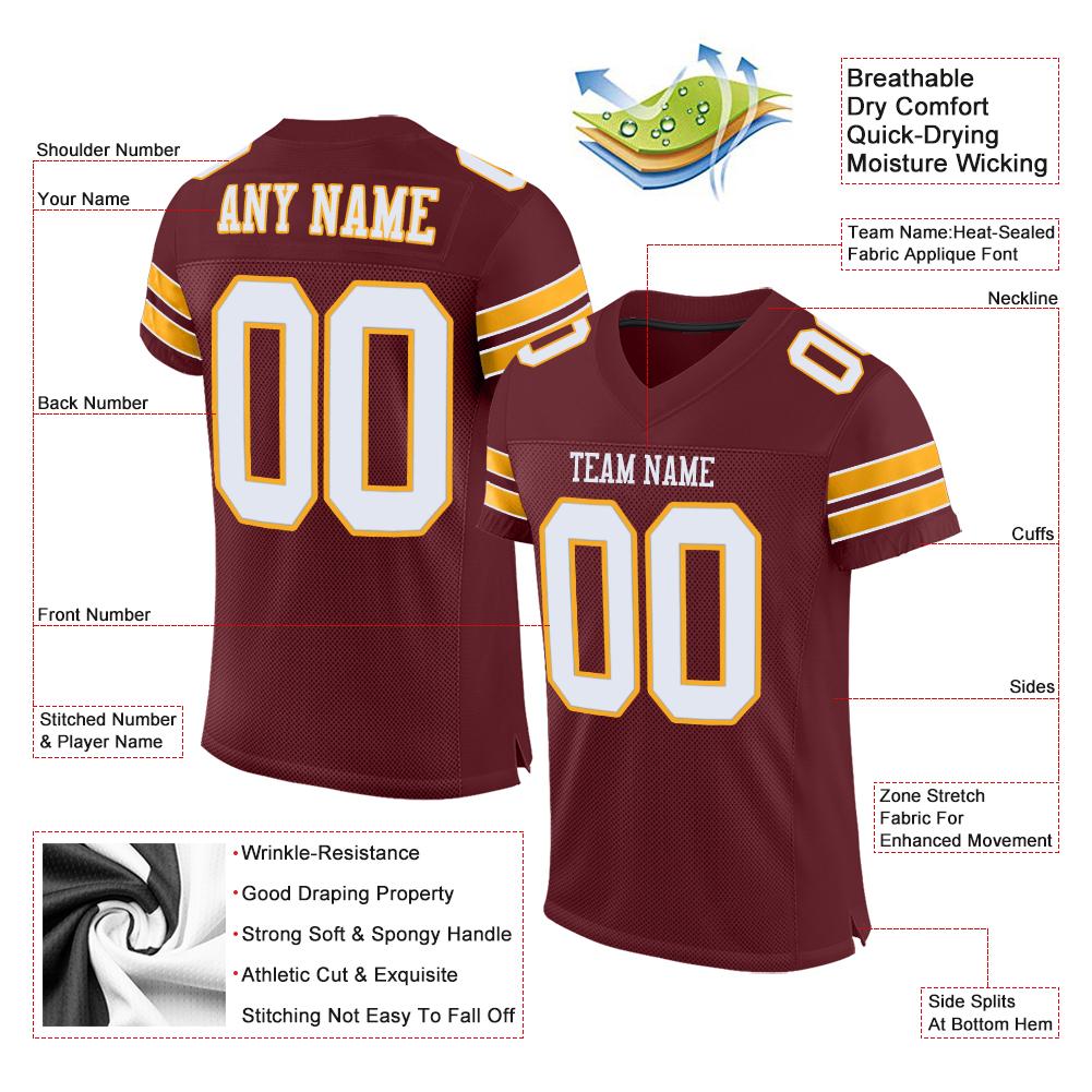 Custom Burgundy White-Gold Classic Style Mesh Authentic American Football Jersey| KXKSHOP