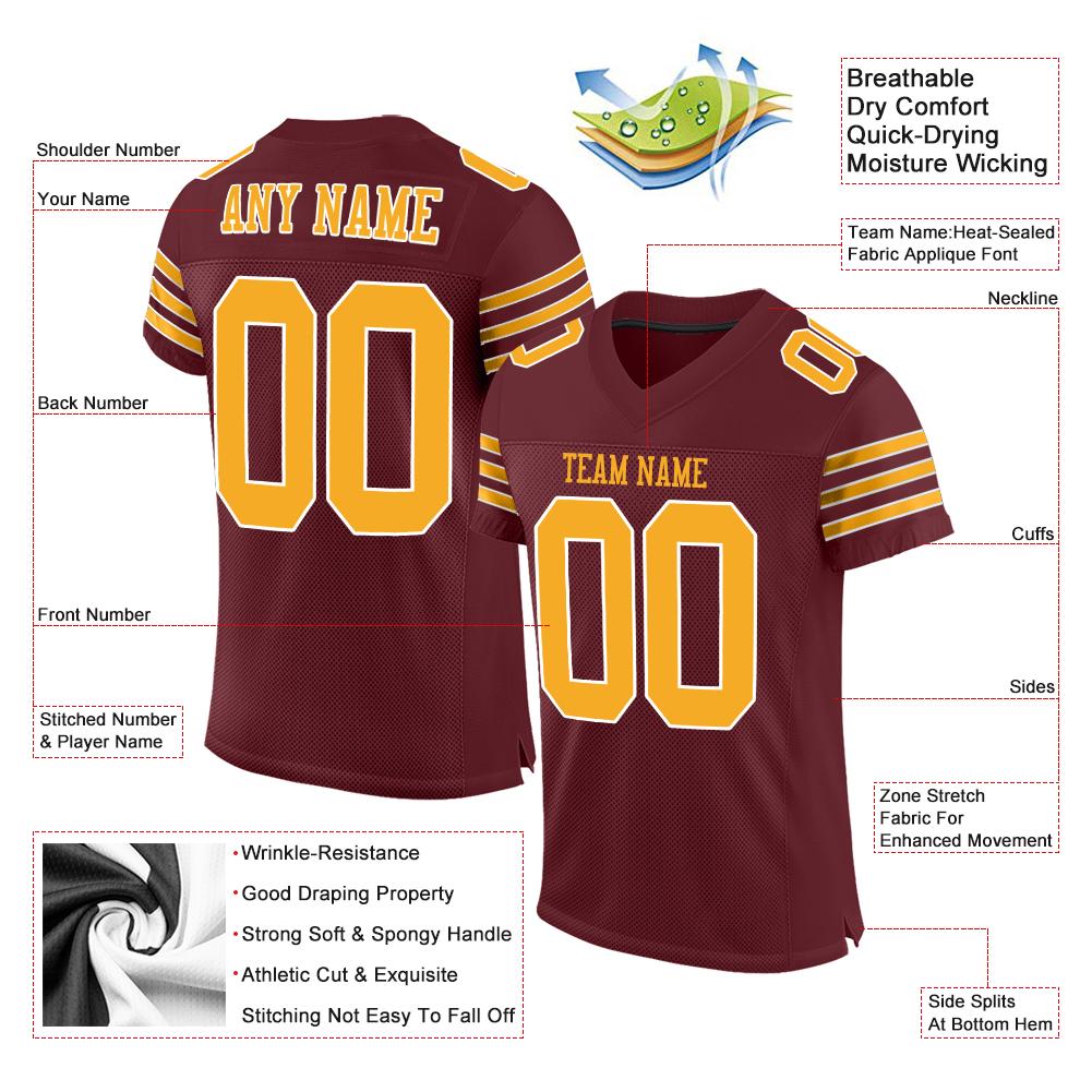 Custom Burgundy Gold-White Classic Style Mesh Authentic American Football Jersey| KXKSHOP