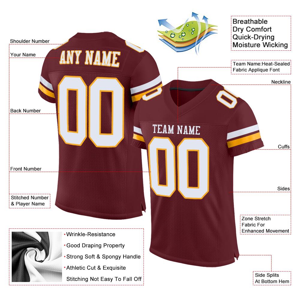Custom Burgundy White-Gold Classic Style Mesh Authentic American Football Jersey| KXKSHOP