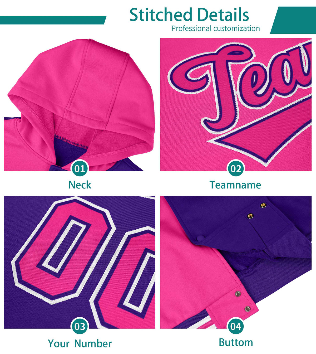 Custom Powder Blue White-Pink Raglan Sleeves Varsity Full-Snap Letterman Three Stripes Jacket Hoodie| KXKSHOP