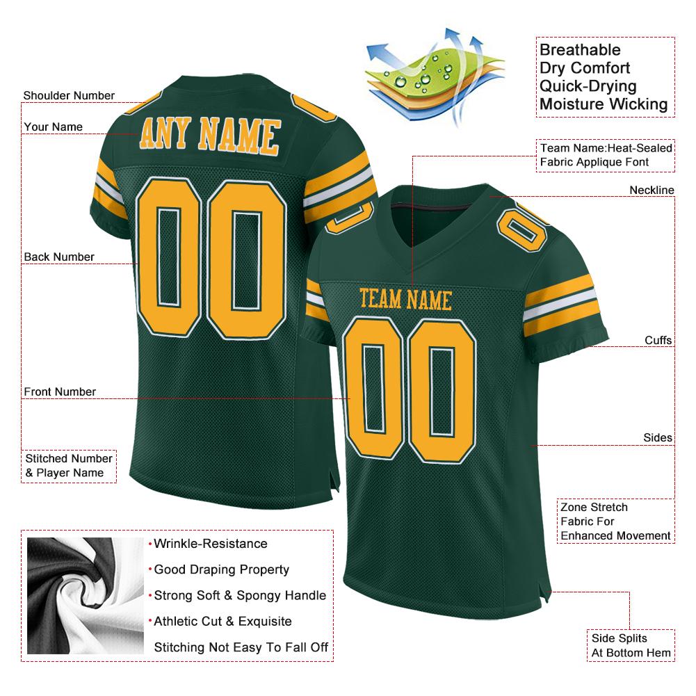 Custom Green Gold-White Classic Style Mesh Authentic American Football Jersey| KXKSHOP