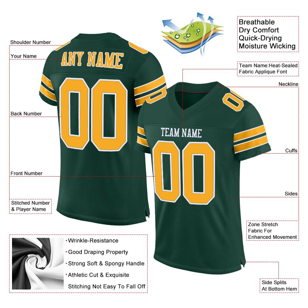 Custom Green Gold-White Classic Style Mesh Authentic American Football Jersey| KXKSHOP