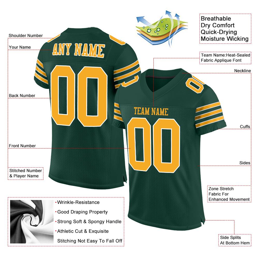 Custom Green Gold-White Classic Style Mesh Authentic American Football Jersey| KXKSHOP