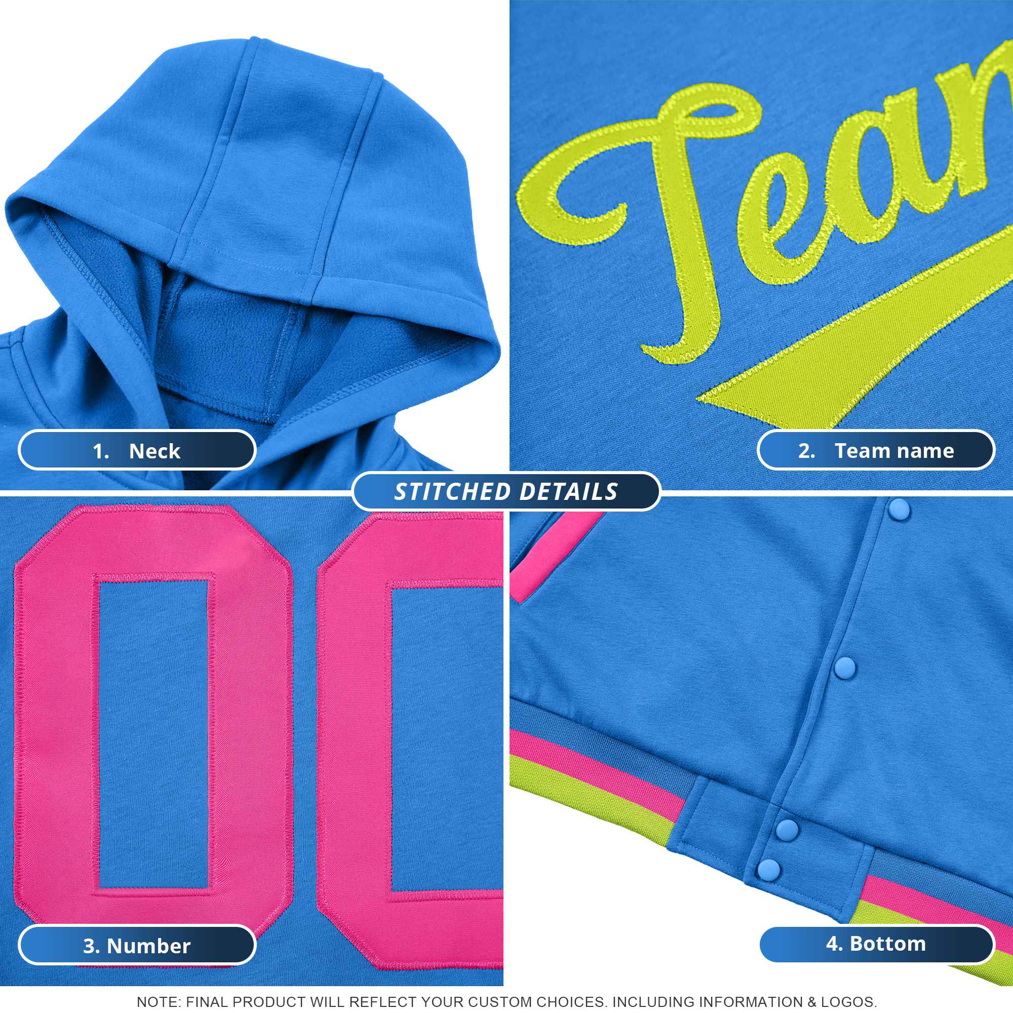 Custom Aqua Black Varsity Full-Snap Letterman Shoulder Color Block Jacket Hoodie| KXKSHOP