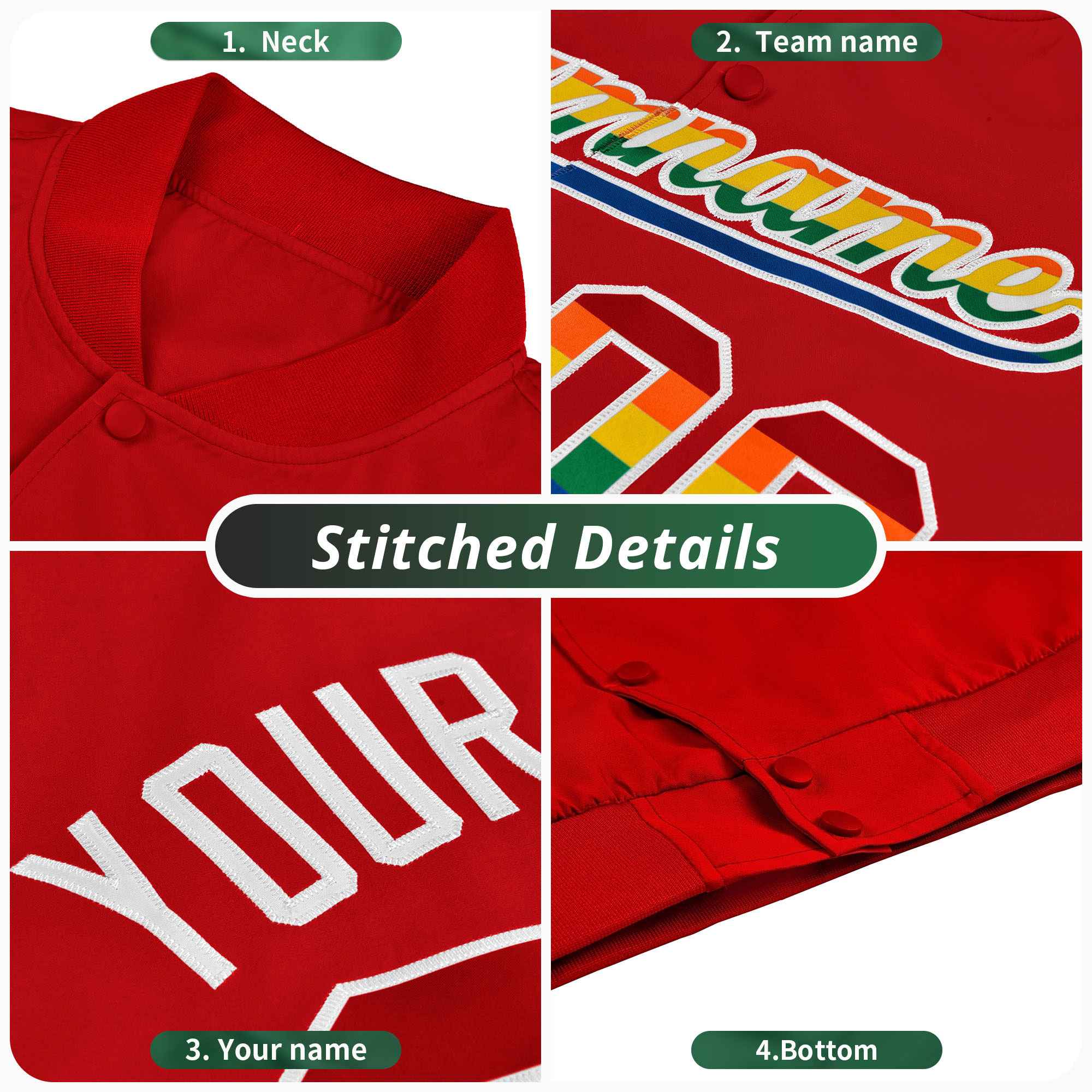 Custom LGBT Rainbow For Pride Month Full-Snap Color Block Letterman Baseball Jacket
