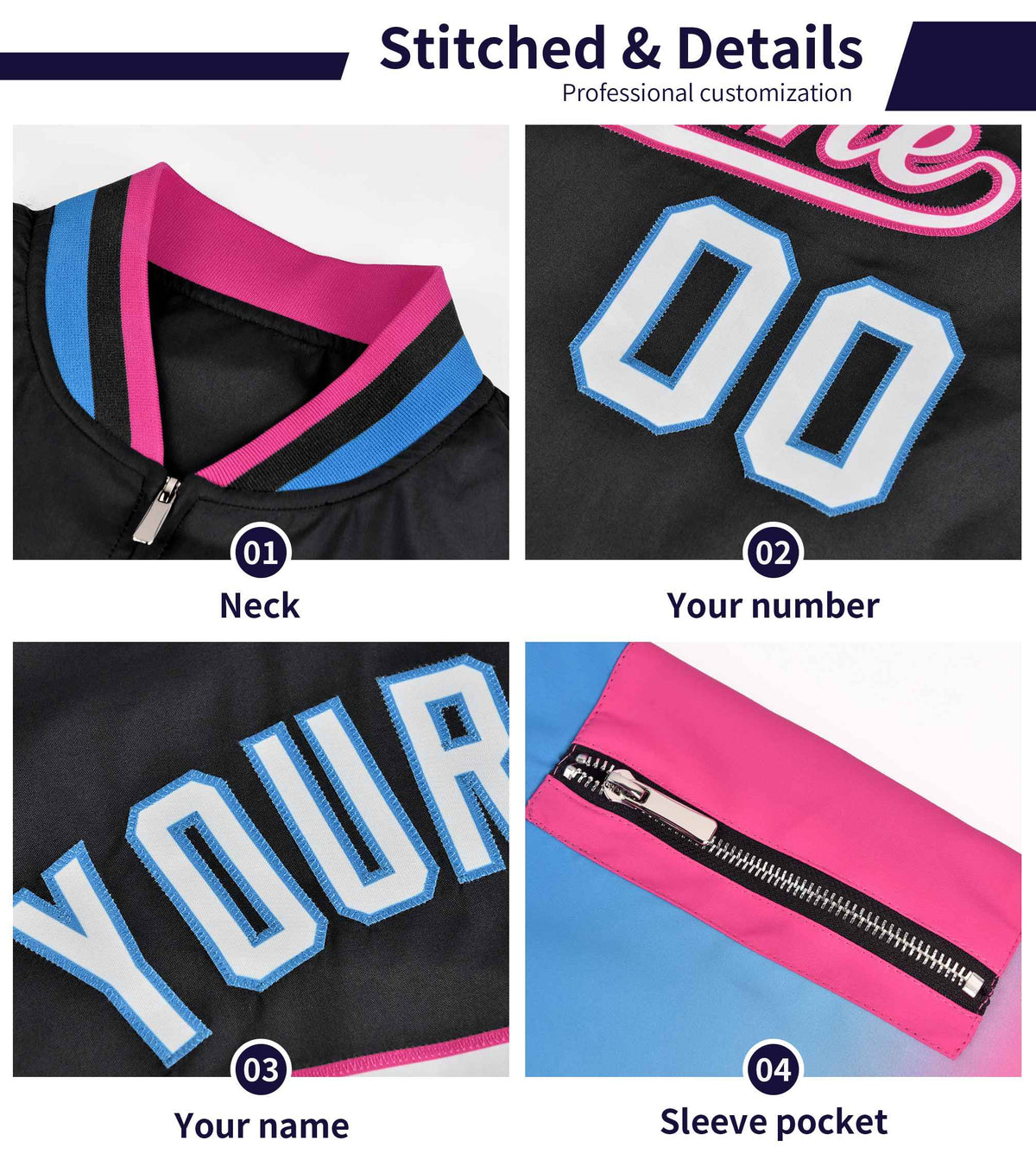 Custom Black Light Pink-White Gaglan Sleeve Gradient Varsity Full-Zip Letterman Bomber Jacket