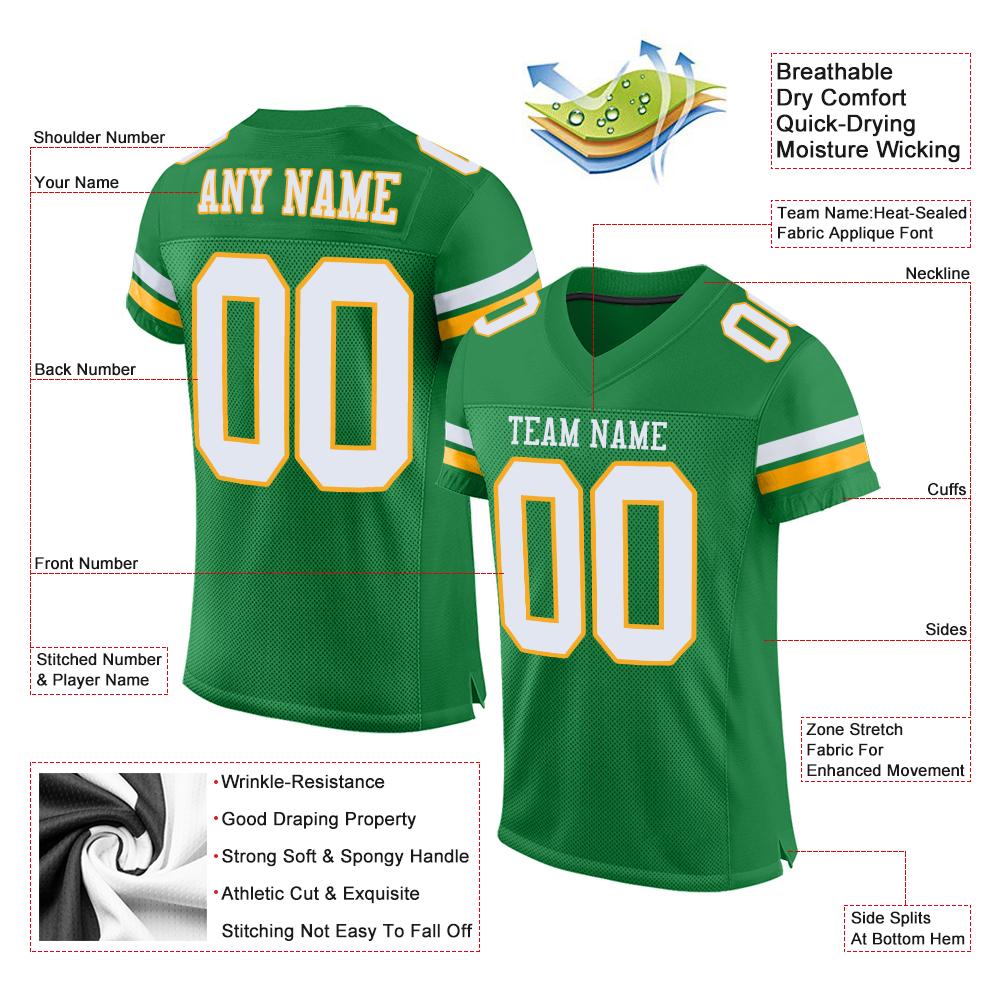 Custom Kelly Green White-Gold Classic Style Mesh Authentic American Football Jersey| KXKSHOP