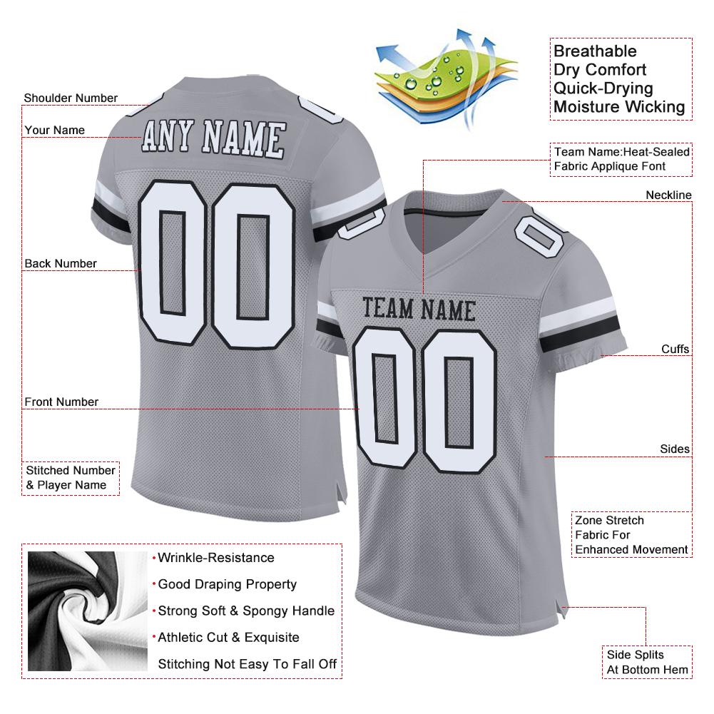 Custom Light Gray White-Black Classic Style Mesh Authentic American Football Jersey| KXKSHOP