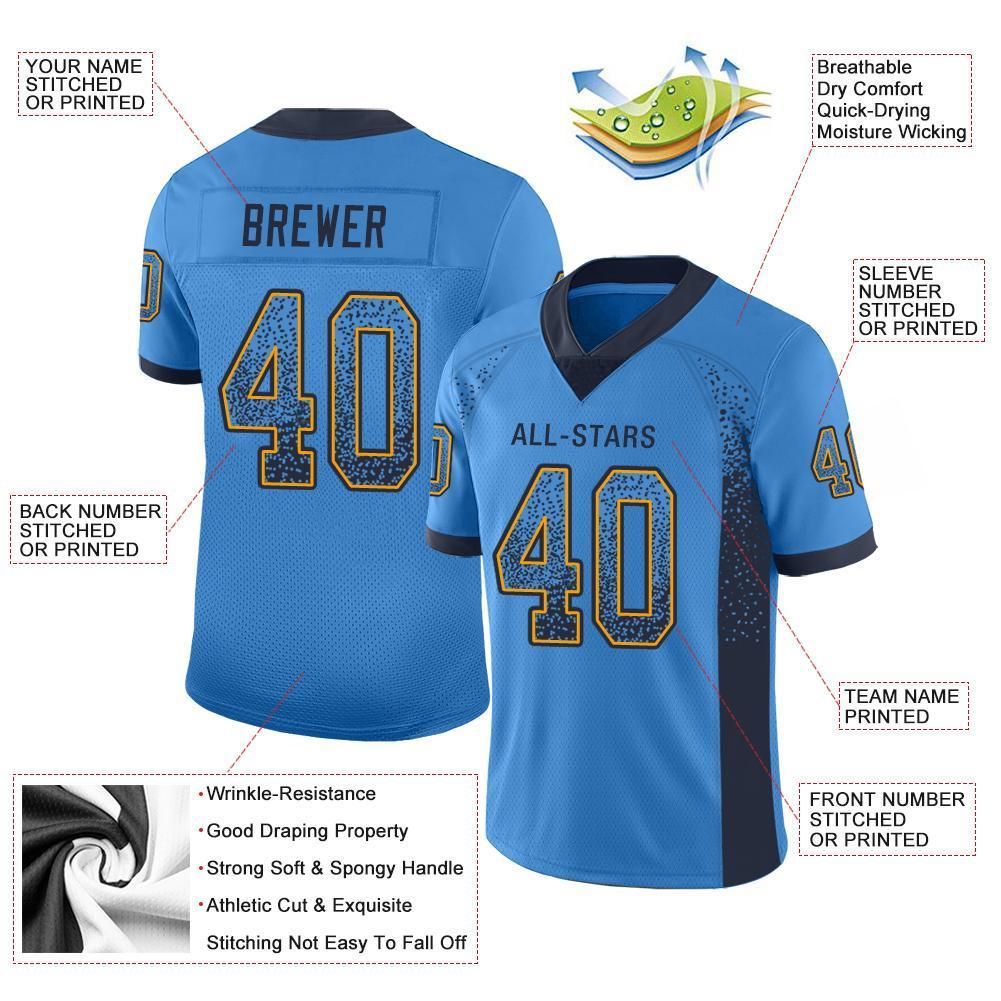 Custom Powder Blue Navy-Gold Drift Fashion Mesh Authentic American Football Jersey| KXKSHOP