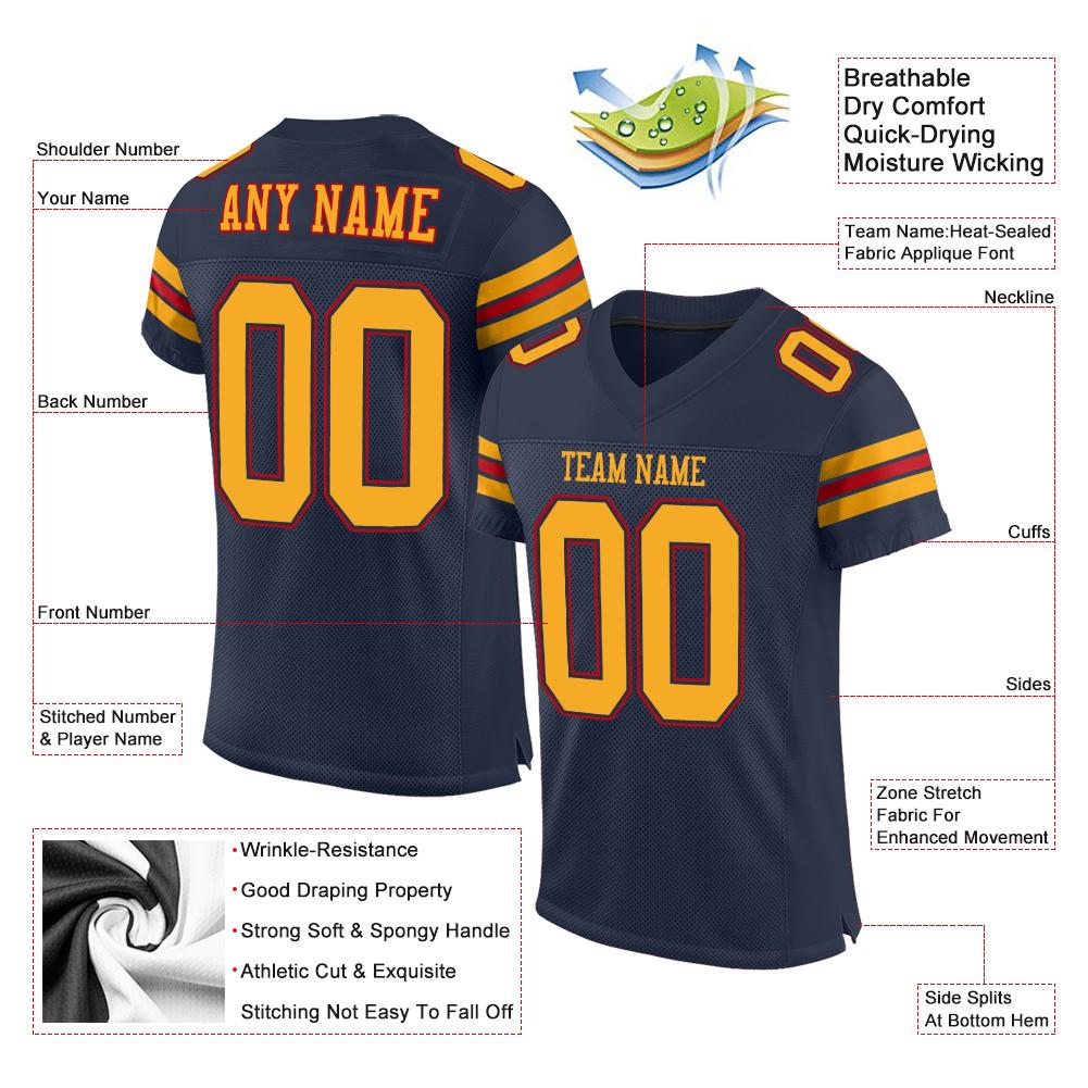 Custom Navy Gold-Red Classic Style Mesh Authentic American Football Jersey| KXKSHOP