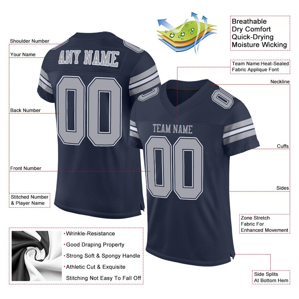 Custom Navy Gray-White Classic Style Mesh Authentic American Football Jersey| KXKSHOP