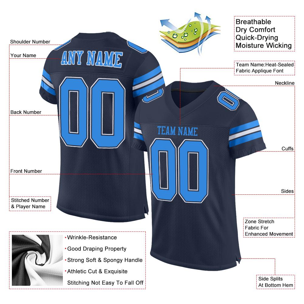 Custom Navy Powder Blue-White Classic Style Mesh Authentic American Football Jersey| KXKSHOP