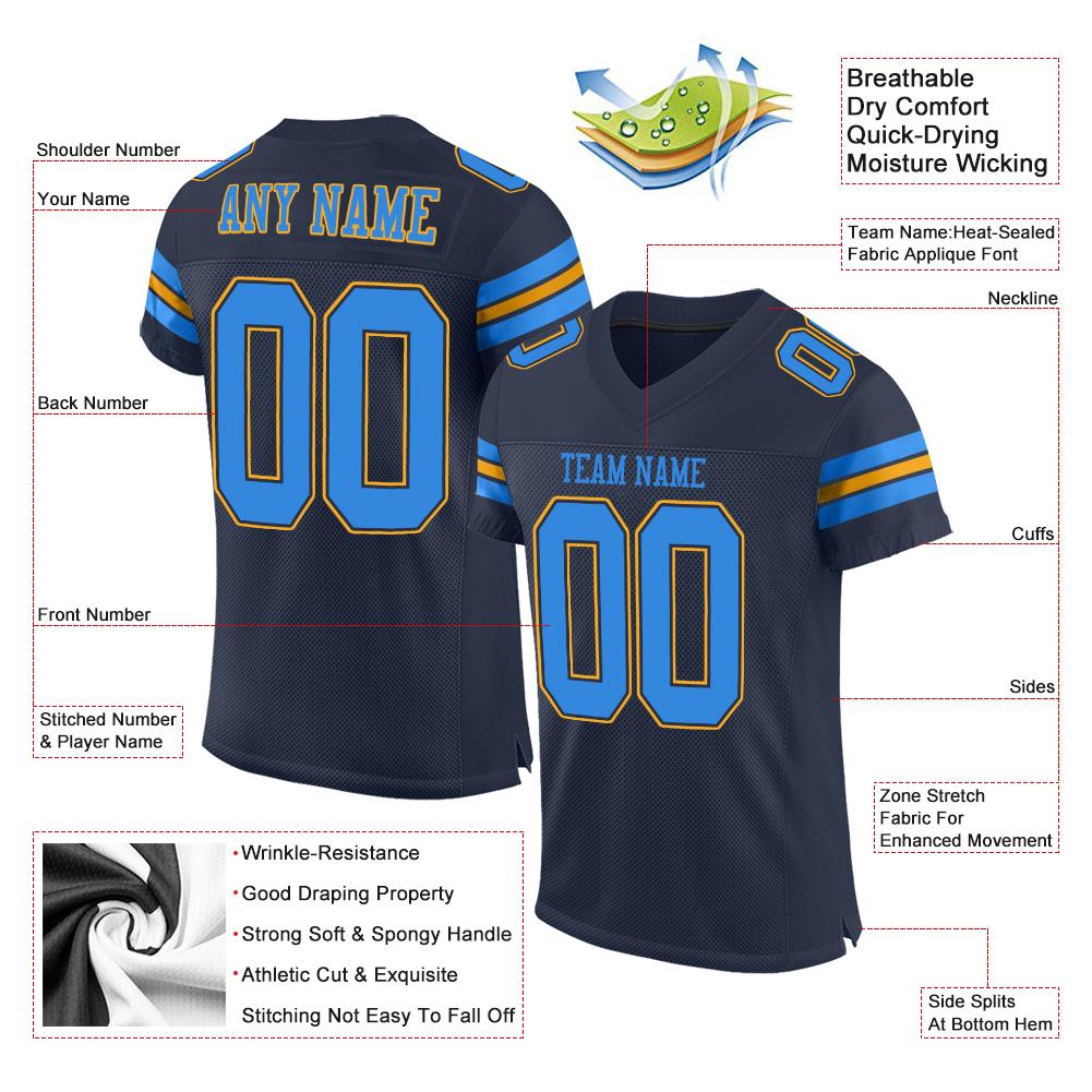 Custom Navy Powder Blue-Gold Classic Style Mesh Authentic American Football Jersey| KXKSHOP