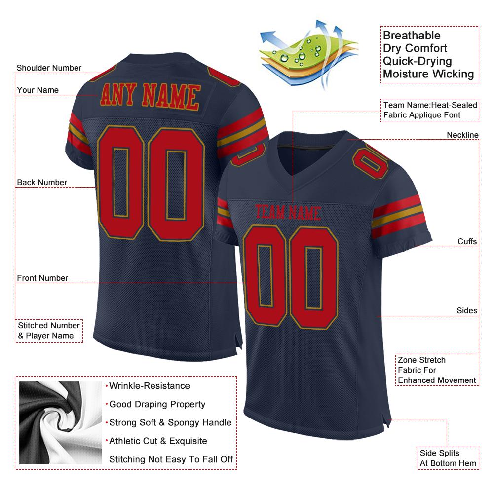Custom Navy Red-Old Gold Classic Style Mesh Authentic American Football Jersey| KXKSHOP