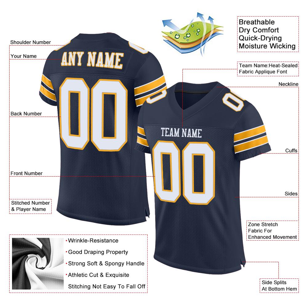 Custom Navy White-Gold Classic Style Mesh Authentic American Football Jersey| KXKSHOP
