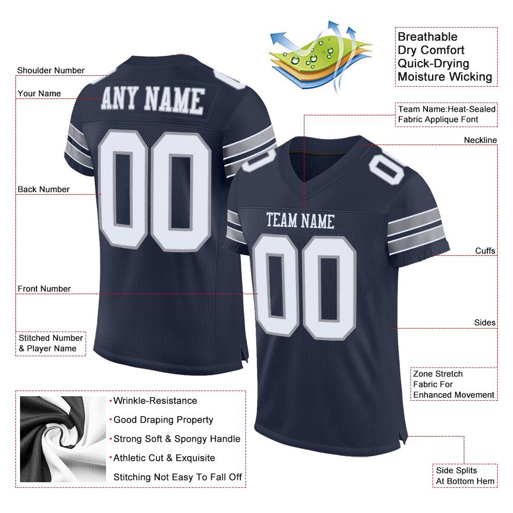 Custom Navy White-Light Gray Classic Style Mesh Authentic American Football Jersey| KXKSHOP