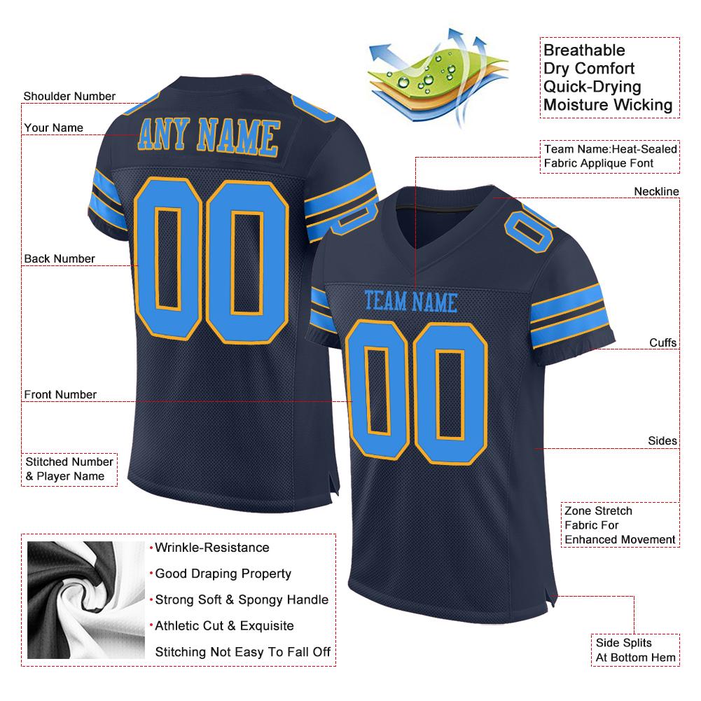 Custom Navy Powder Blue-Gold Classic Style Mesh Authentic American Football Jersey| KXKSHOP