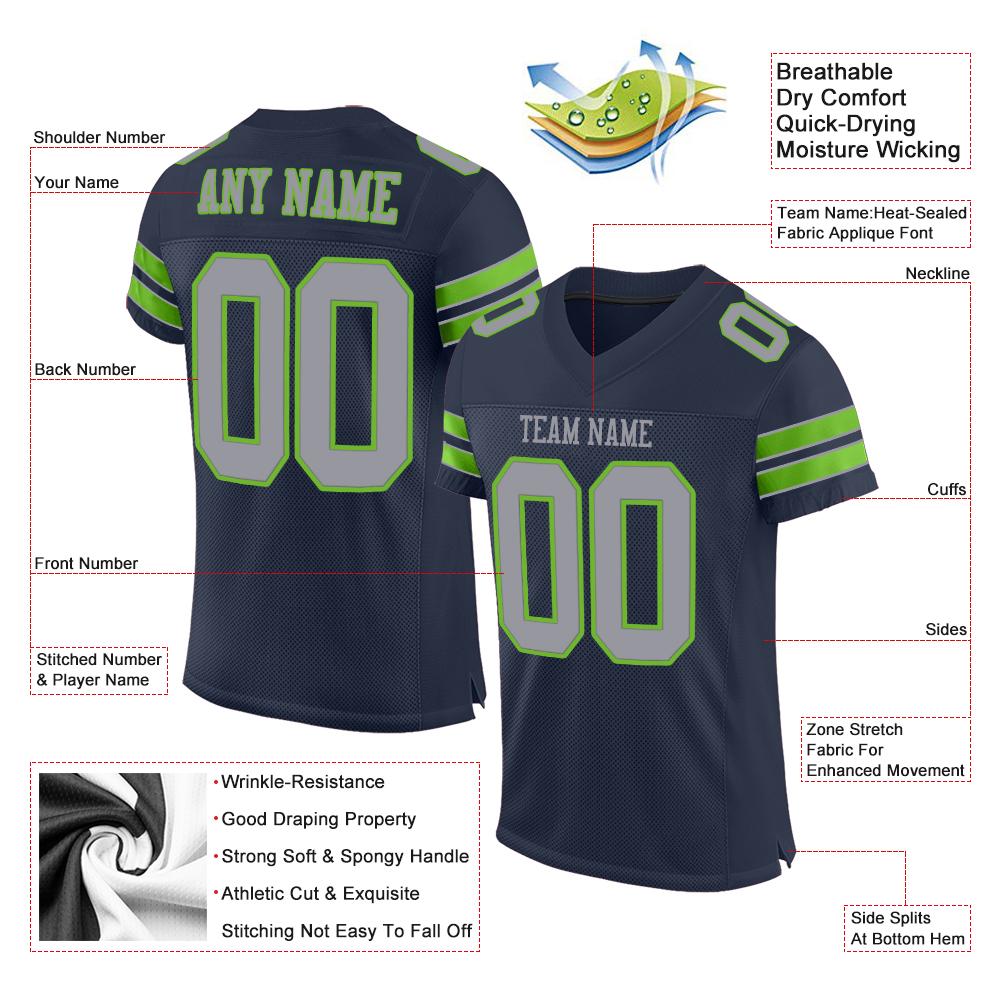 Custom Navy Light Gray-Neon Green Classic Style Mesh Authentic American Football Jersey| KXKSHOP