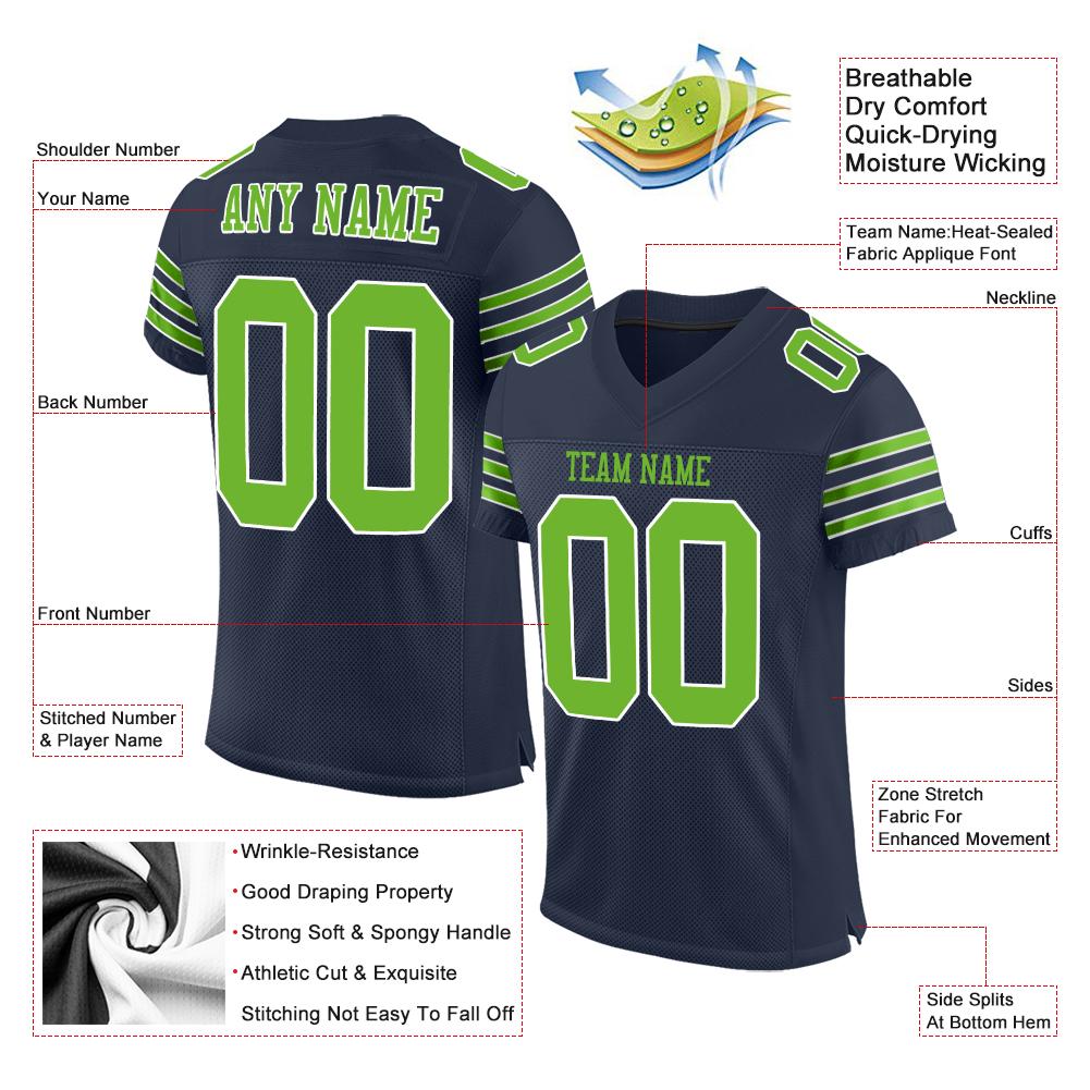 Custom Navy Neon Green-White Classic Style Mesh Authentic American Football Jersey| KXKSHOP