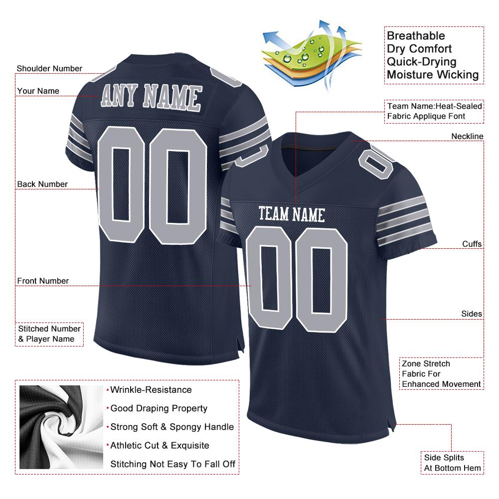 Custom Navy Gray-White Classic Style Mesh Authentic American Football Jersey| KXKSHOP