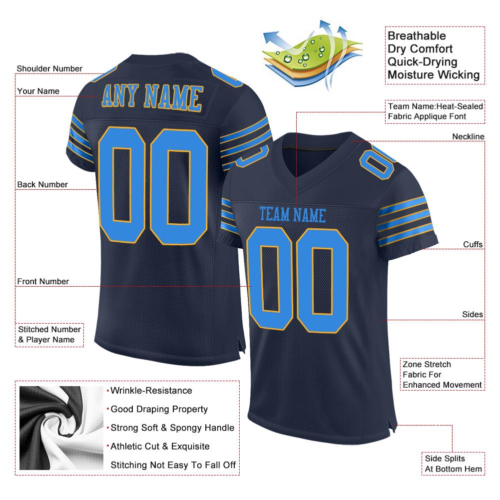 Custom Navy Powder Blue-Gold Classic Style Mesh Authentic American Football Jersey| KXKSHOP