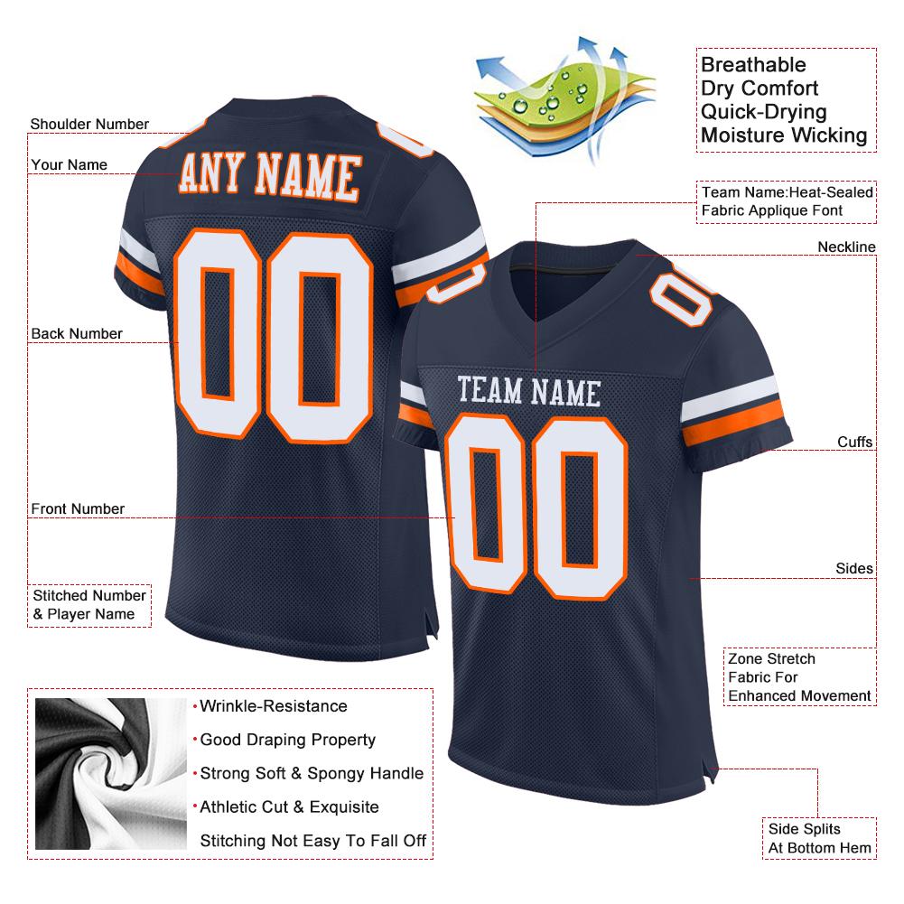 Custom Navy White-Orange Classic Style Mesh Authentic American Football Jersey| KXKSHOP
