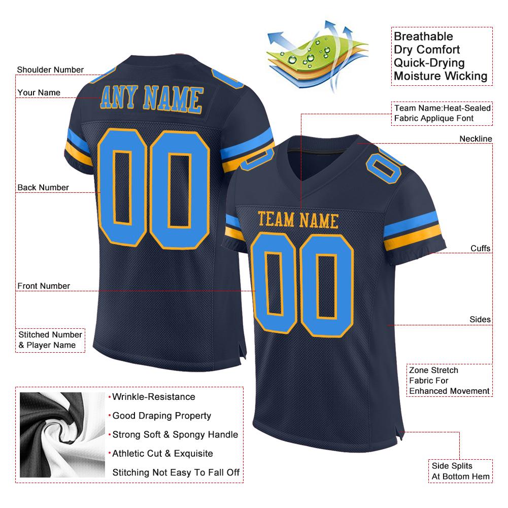 Custom Navy Powder Blue-Gold Classic Style Mesh Authentic American Football Jersey| KXKSHOP