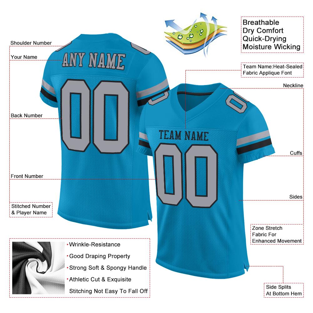 Custom Panther Blue Light Gray-Black Classic Style Mesh Authentic American Football Jersey| KXKSHOP