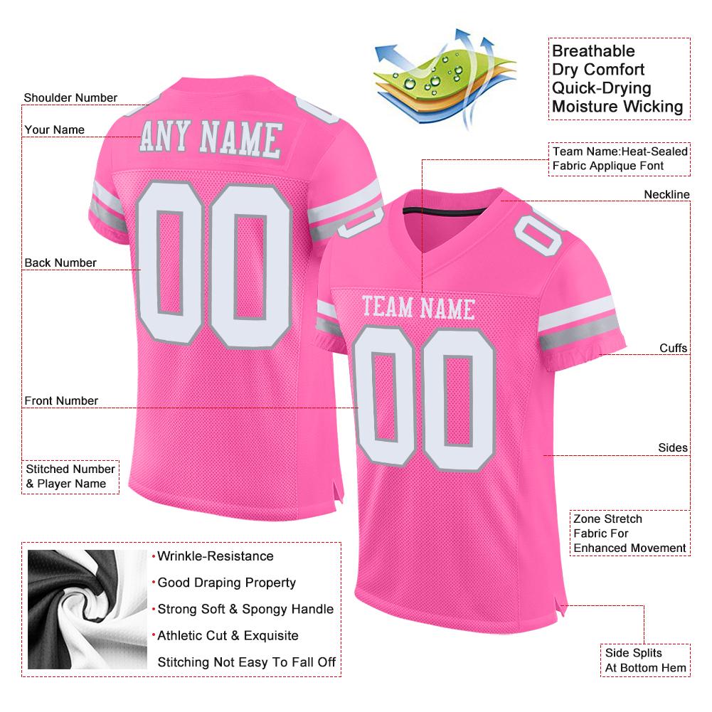 Custom Pink White-Light Gray Classic Style Mesh Authentic American Football Jersey| KXKSHOP