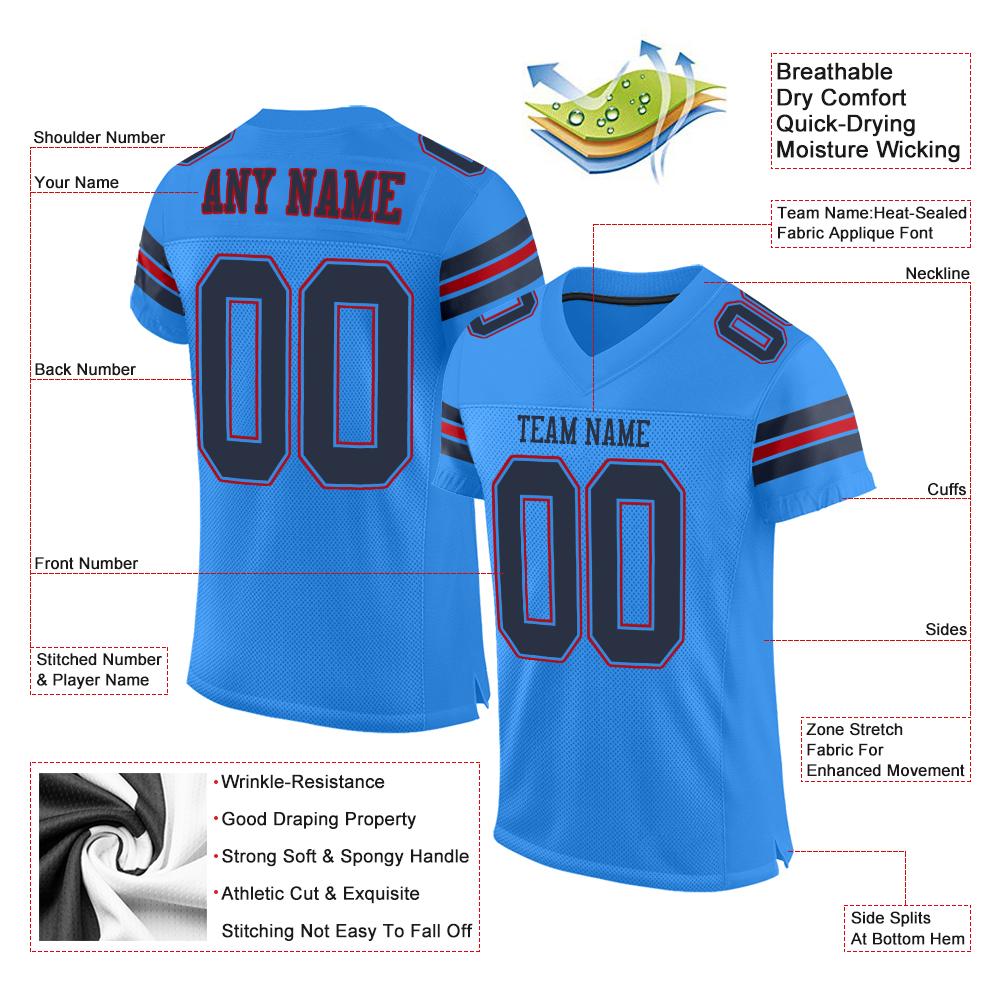Custom Powder Blue Navy-Red Classic Style Mesh Authentic American Football Jersey| KXKSHOP