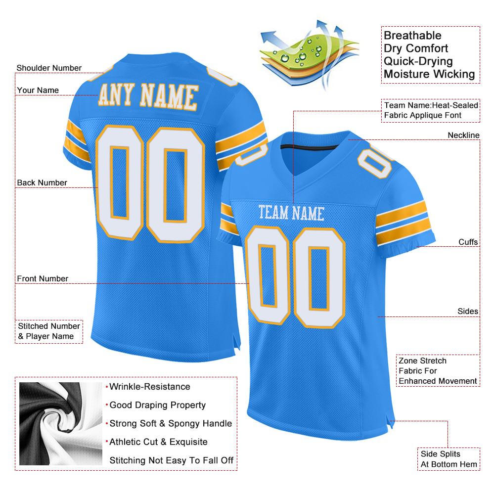 Custom Powder Blue White-Gold Classic Style Mesh Authentic American Football Jersey| KXKSHOP