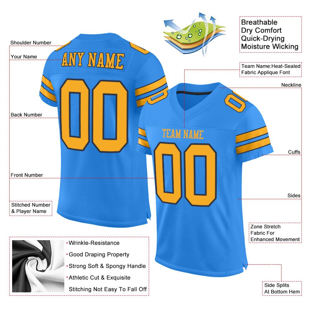 Custom Powder Blue Gold-Navy Classic Style Mesh Authentic American Football Jersey| KXKSHOP
