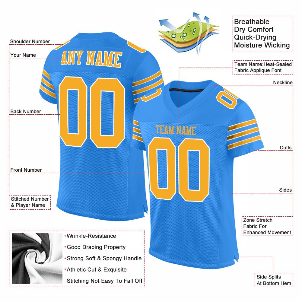 Custom Powder Blue Gold-White Classic Style Mesh Authentic American Football Jersey| KXKSHOP
