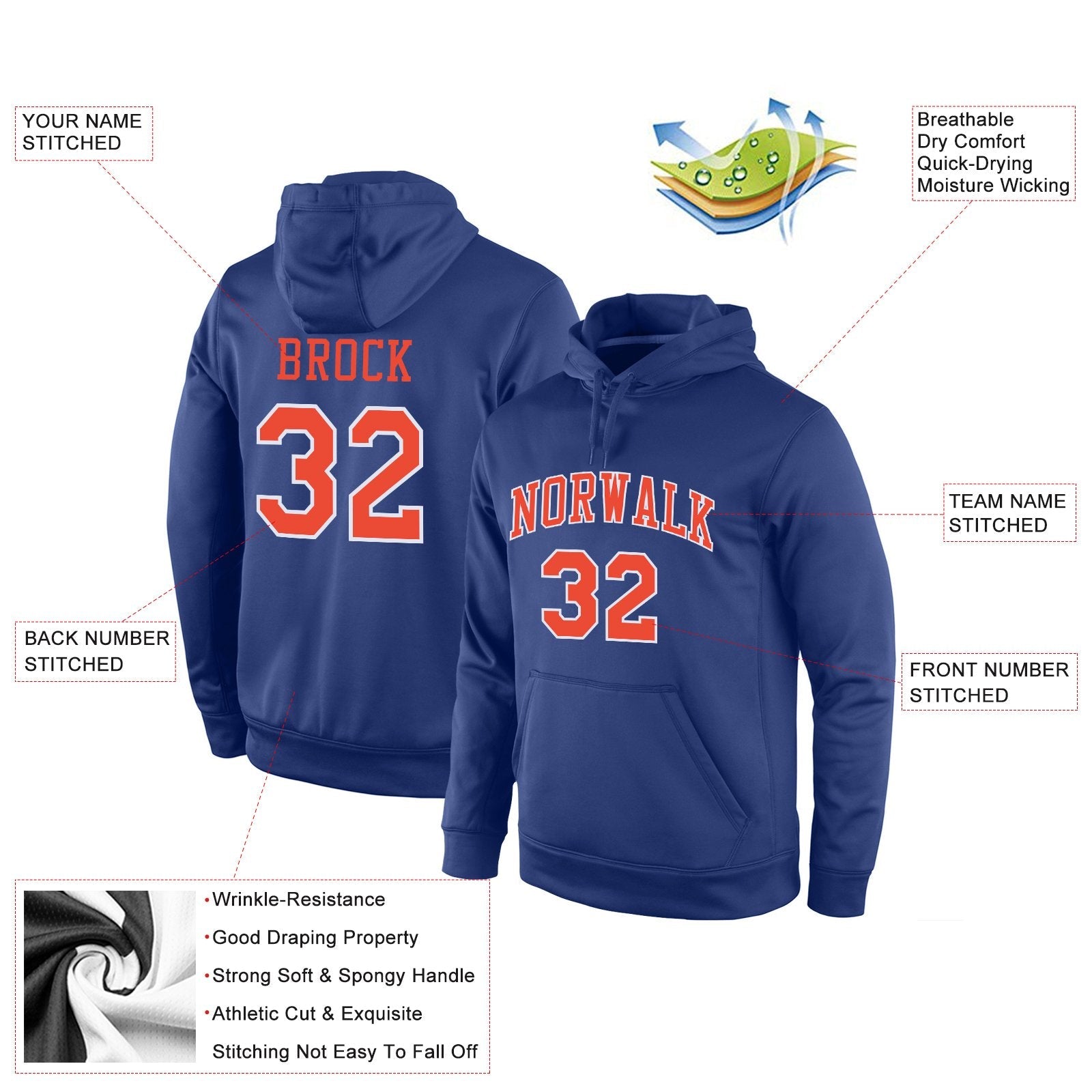 Custom Royal Orange White Classic Style Uniform Pullover Fashion Hoodie| KXKSHOP