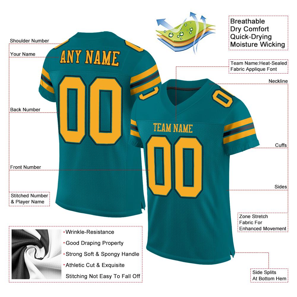 Custom Teal Gold-Black Classic Style Mesh Authentic American Football Jersey| KXKSHOP