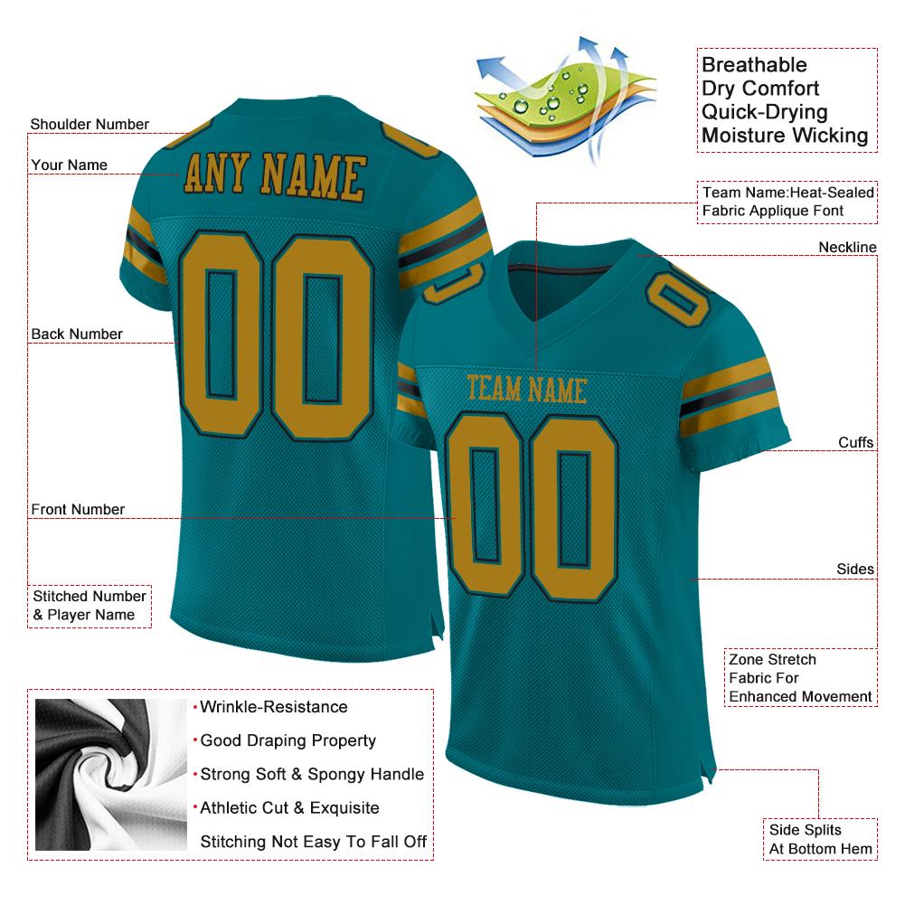 Custom Teal Old Gold-Black Classic Style Mesh Authentic American Football Jersey| KXKSHOP