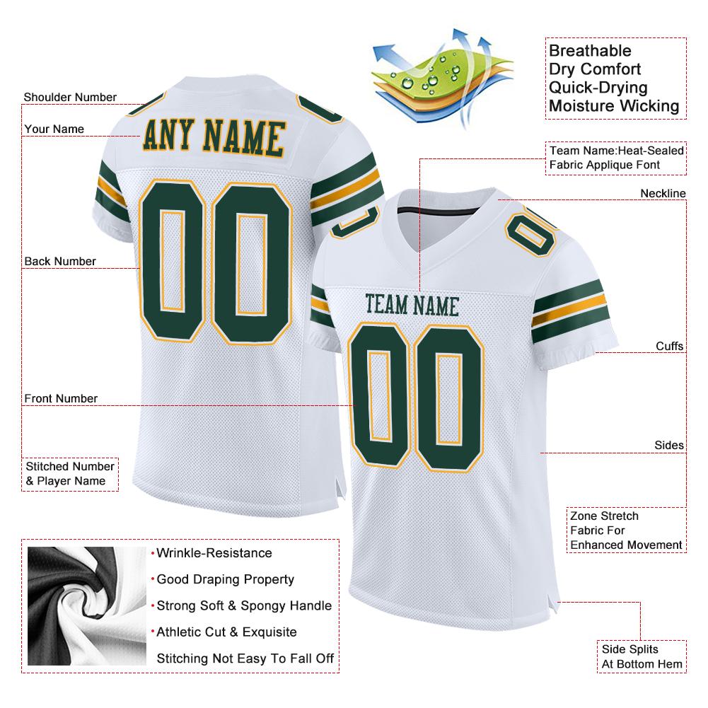 Custom White Green-Gold Classic Style Mesh Authentic American Football Jersey| KXKSHOP