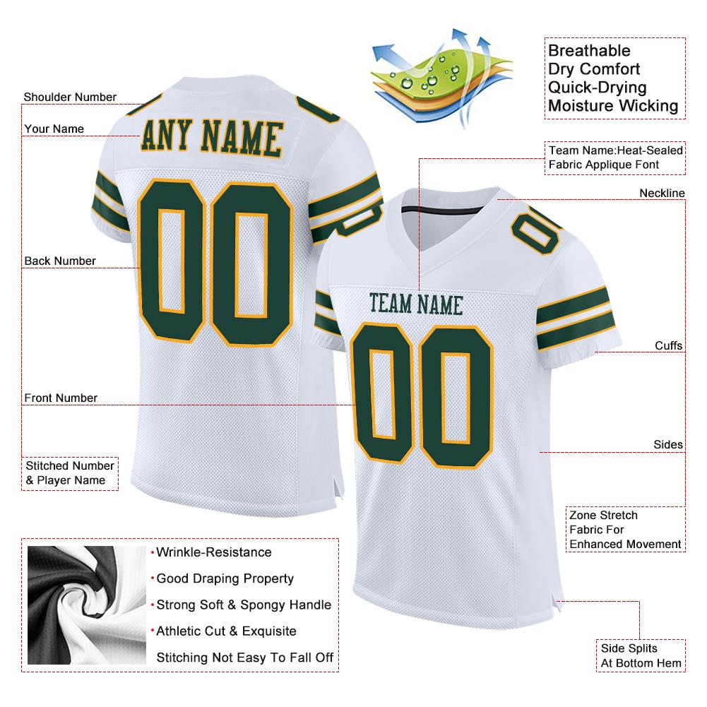 Custom White Green-Gold Classic Style Mesh Authentic American Football Jersey| KXKSHOP